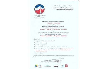 Convocation AG 17 juin + Apéro fin de saison